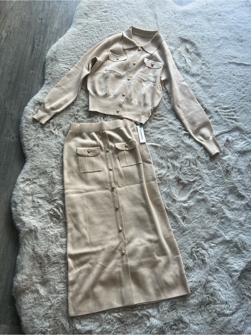 Commense Cream Two-Piece Button-Front Knit Skirt Set